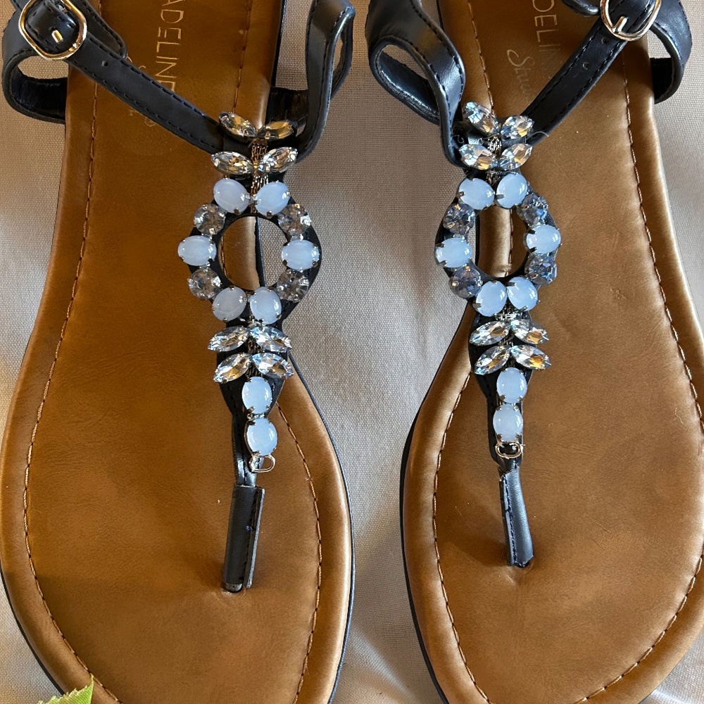Blue summer sandals.. beautiful encrusted with sparkle gems. Size 8 wide. NEW,